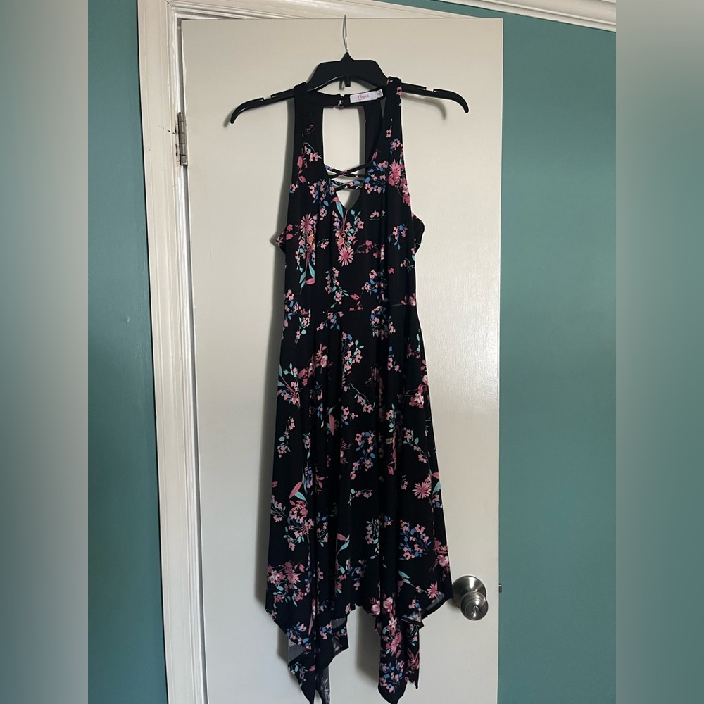 Candie's Black Dress with Pink and Blue Floral Design